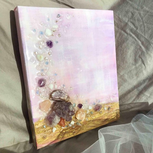 Abstract fluid acrylic wall art with gemstones - Picture 2 of 9